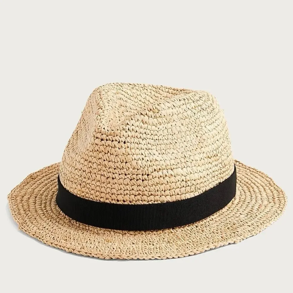 J Crew Womens Packable Straw Fedora Natural Raffia Black Band Hat S/M